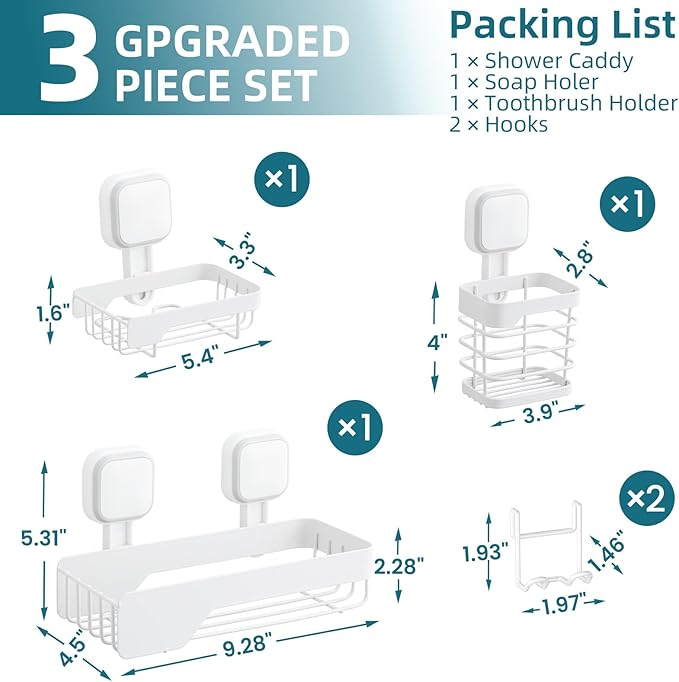 TAILI Shower Caddy Suction Cup 3 Pack, Stainless Steel Rustproof Shelves with Soap Holder Set, Drill-Free Wall Mounted Basket, Heavy Duty Removable Bathroom Organizers & Home Decor, White