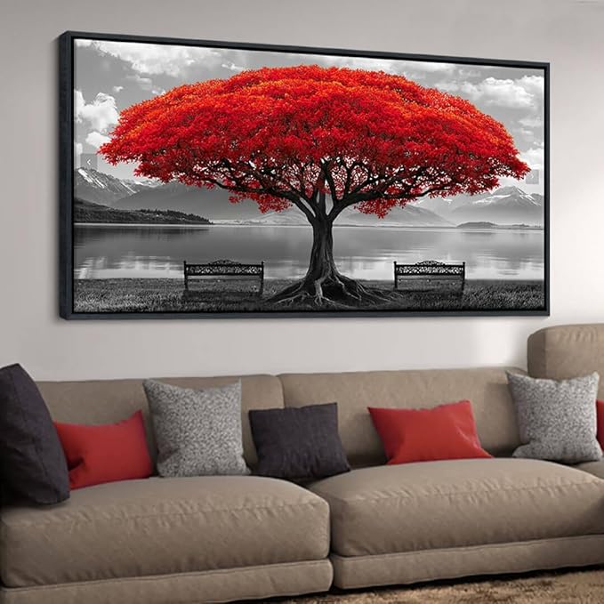 YDYSUNE Red Tree Paintings Wall Art Black and White Pictures Wall Decor for Living Room Modern Home Bedroom Decoration Nostalgia Framed Artwork Decor 29x58in