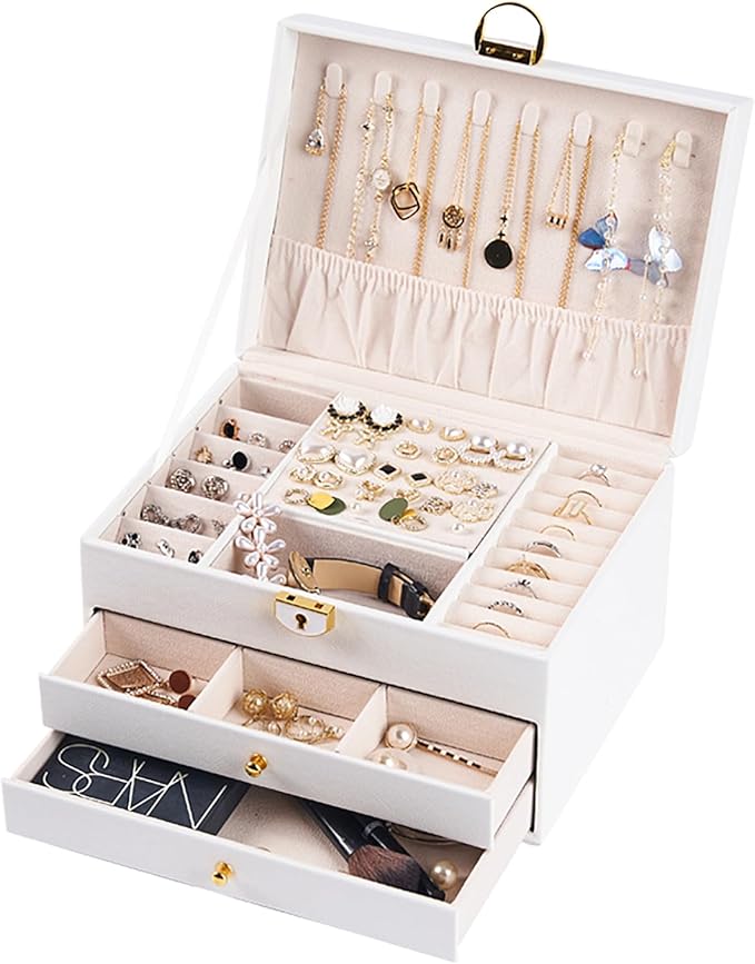 3 Layer Jewelry Box, Jewelry Holder Organizer with Jewelry Organizer Drawer, Large Jewelry Boxes & Organizer with Velvet Earring Organizer, Lockable Jewelry Holder, Unique Gifts for Women Mom (White)