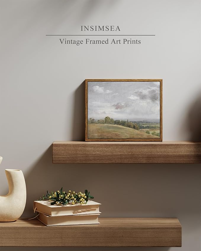 InSimSea Framed Canvas Wall Art Vintage Decor, White Clouds over Vast Grassland Classical Paintings Canvas Prints, Rustic Wall Decor for Bedroom Living Room Office, 8"x10"