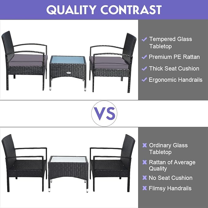 COSTWAY 3 PCS Patio Wicker Conversation Set, PE Rattan Sofa with Tempered Glass Coffee Table, 2 Chairs, 2 Cushions, Outdoor Patio Furniture Set for Yard Porch Bistro Balcony Backyard Pool, Grey