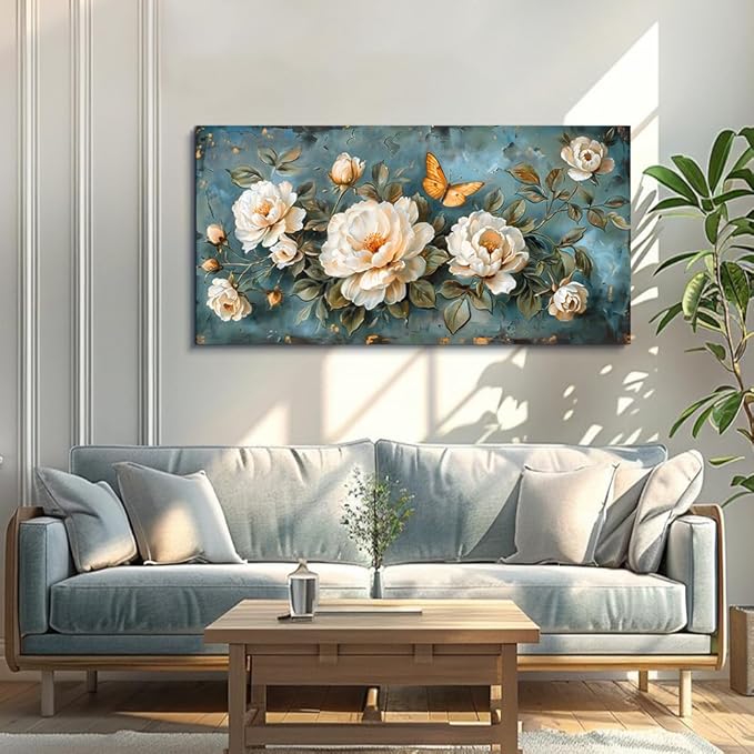 hyidecorart Living Room Canvas Wall Art White Flowers Artwork Pictures Wall Decor For Bedroom Office Decorations Modern Family Wall Paintings Posters Ready To Hang Large Framed Aesthetic Home Decor