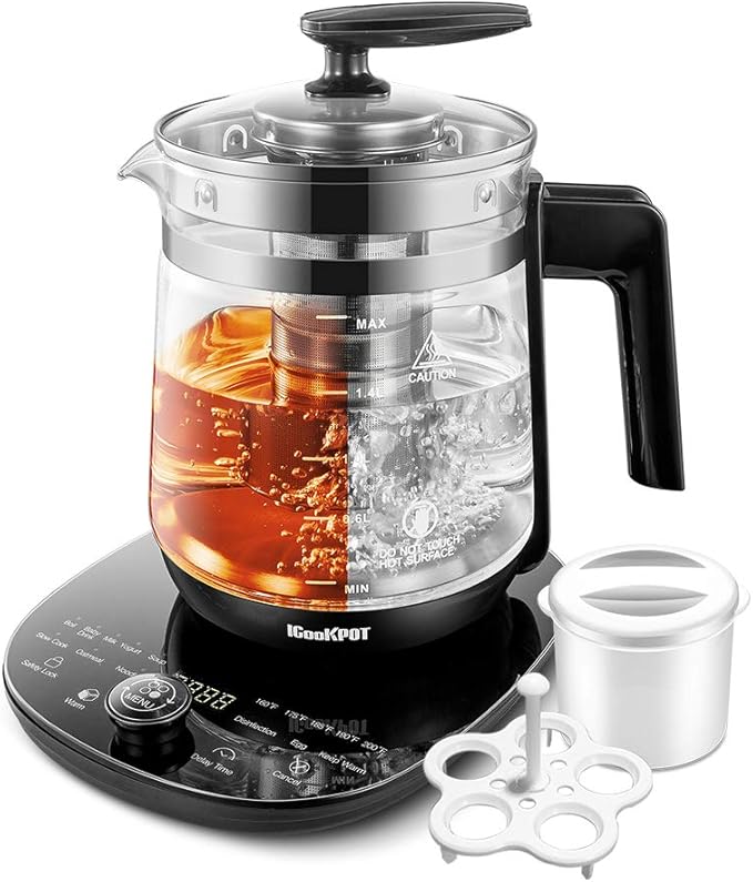 Electric Kettle Temperature Control Glass Tea Kettle Programmable Control Tea Pot, 2 Liter Stainless Steel Tea Maker & Coffee Kettle with Tea Infuser, Egg Cooker and Yogurt Box, BLACK