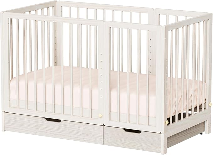 JOYMOR 8 in 1 Convertible Crib with Changer, Include 2” Mattress, Converts to Bassinet, Mid Crib, Full Size Crib, Daybed,Toddler Bed and Playard (Crib with Drawer, Washed Natural)