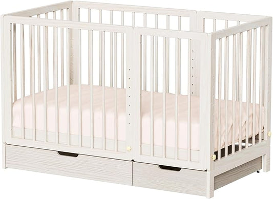 JOYMOR 8 in 1 Convertible Crib with Changer, Include 2” Mattress, Converts to Bassinet, Mid Crib, Full Size Crib, Daybed,Toddler Bed and Playard (Crib with Drawer, Washed Natural)