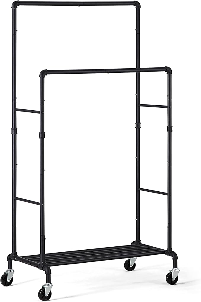 SunnyPoint Industrial Loft Style Rolling Garment Rack - Rolling Clothes Organizer (Double Rack)