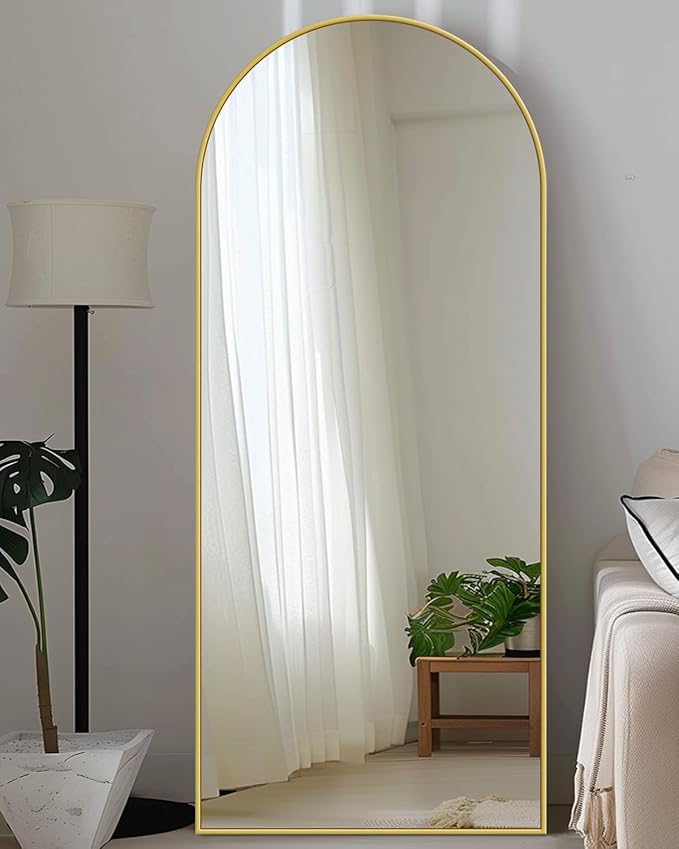 Antok Full Length Mirror, 58"x18" Floor Mirror with Stand, Hanging Mounted Mirrors for Bedroom, Living Room, Cloakroom, Dining Room, Gold, Arched