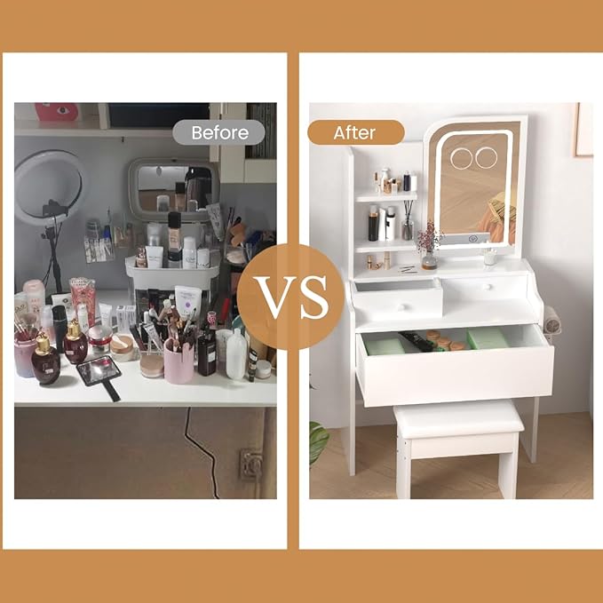 HOMEMORE Small Vanity Desk with Mirror and Lights, Makeup Vanity Desk with 3 Drawers & 3 Shelves, 2X & 5X Magnifying and Power Outlet, Dressing Table for Bedroom,White