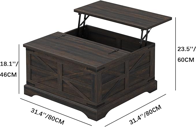 Furnideco Square Coffee Table with Storage Farmhouse Coffee Table with Lifting Top Modern Wood Center Table for Living Room Home Office, Dark Brown