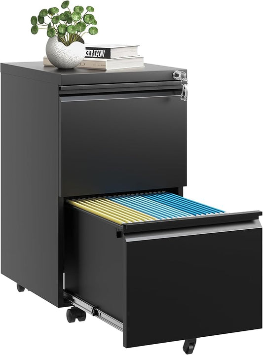 AQY 2 Drawer Mobile File Cabinet with Lock, Rolling Metal Filing Cabinet for Home Office, Vertical File Cabinet on Wheels, Small Mobile File Storage Cabinets for Legal/Letter/A4 Files(Black)