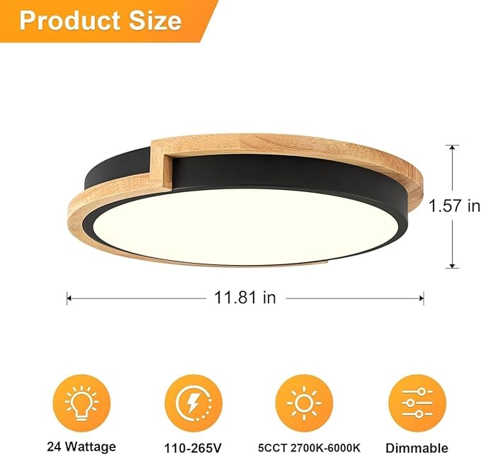 Dimmable Wood LED Flush Mount Ceiling Lights, 5CCT 2700K-6000K Black Hallway Lighting Fixtures, Minimalist Circular Ceiling Lamp for Bedroom Laundry Room Kitchen Entryway