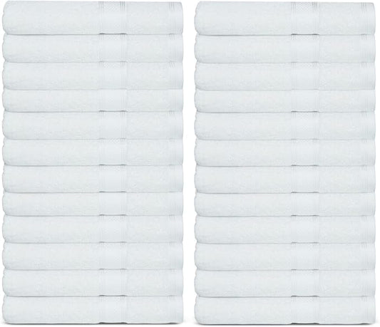 Casa Lino Face Towels & Body Wash Cloths for Showering - 100% Cotton Wash Cloths for Bathroom - Highly Absorbent & Quick Drying Washcloth Set - Cotton Washcloths 24 Pack (12" x 12") - (White)