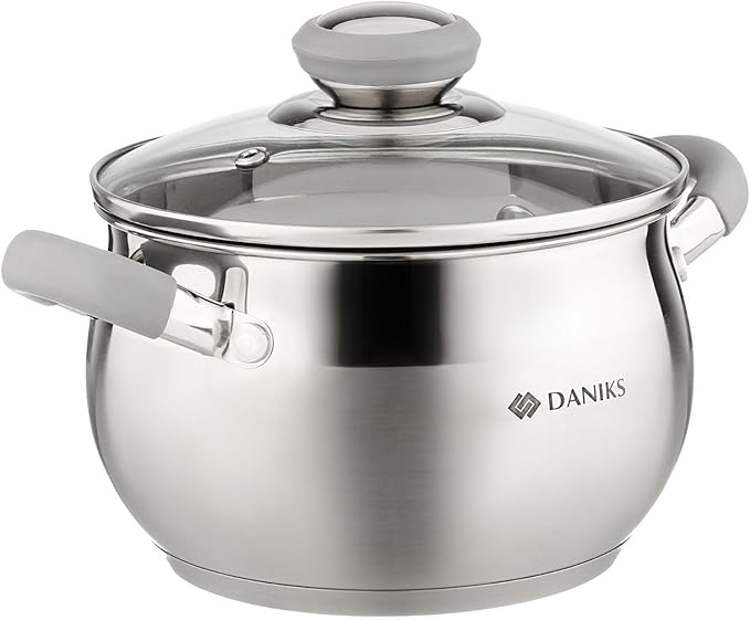 Daniks Modern Stainless Steel Stock Pot with Glass Lid - Induction 2 Quart, Dishwasher Safe, Heatproof Handles, For Soup, Pasta, Stew, Silver