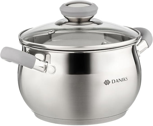 Daniks Modern Stainless Steel Stock Pot with Glass Lid - Induction 2 Quart, Dishwasher Safe, Heatproof Handles, For Soup, Pasta, Stew, Silver