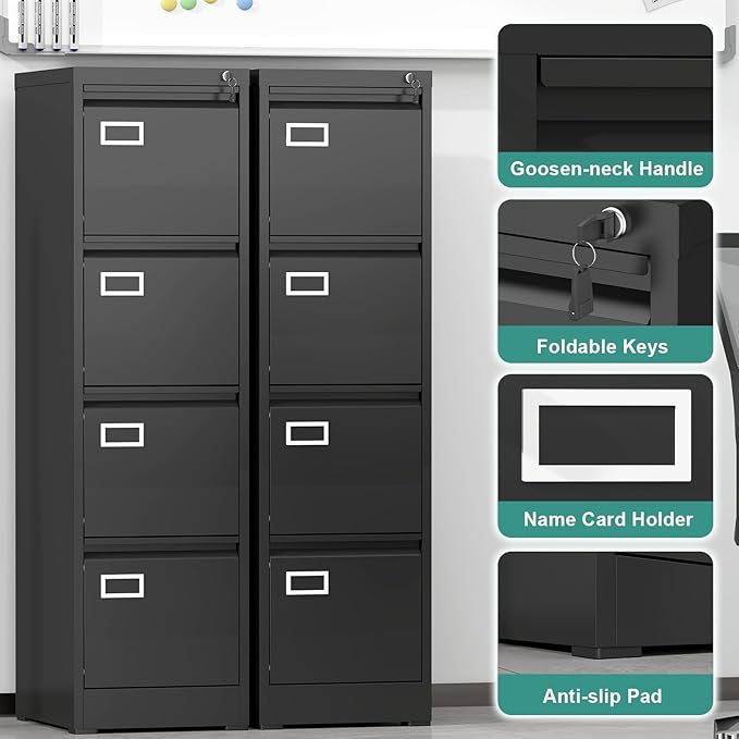 GREATMEET 4 Drawer File Cabinet with Lock, Small Metal File Cabinets for Home Office 4 Drawer, Black Vertical Filing Cabinets for Letter/Legal/A4/F4 Size File,Assembly Require