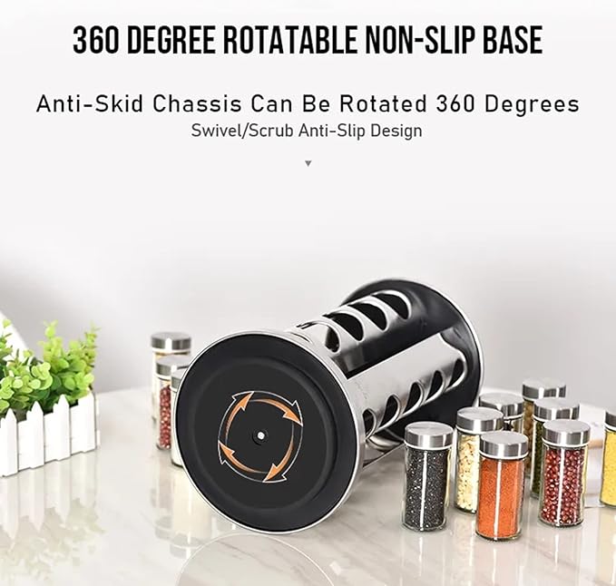 EBIZ&TECH 20-Jar Stainless Steel Rotating Spice Rack with Non-Slip Base - Kitchen Countertop Organizer for Easy Access and Storage of Spice (Sliver)