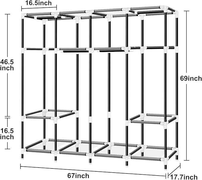 LOKEME Portable Closet, 67 Inch Wardrobe Closet for Hanging Clothes with 4 Hanging Rods, 25mm Steel Tube Clothes Storage Organizer for Extra Sturdy, Quick and Easy to Assembly, Gray Cover