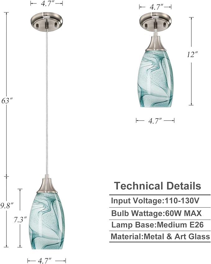 Mini Pendant Lights Kitchen Island Light Brown Glass Lamp Shade Hand Blown Glass Pendant Light with Brush Nickel Finish Adjustable Cord for Kitchen Over Sink (Green Marble-1Packs)