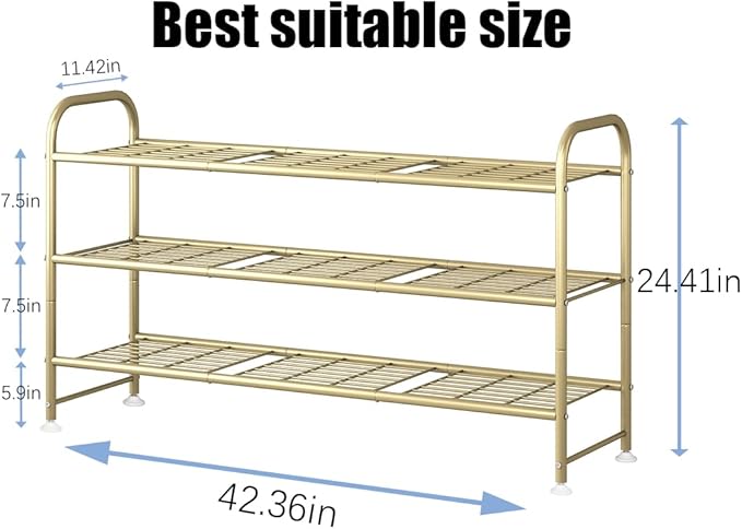 LINZINAR Shoe Rack Long 3 Tier Shoe Storage Organizer Metal Wide Shoe Shelf for Closet Entryway Bedroom 24 Paris Large Capacity, Gold