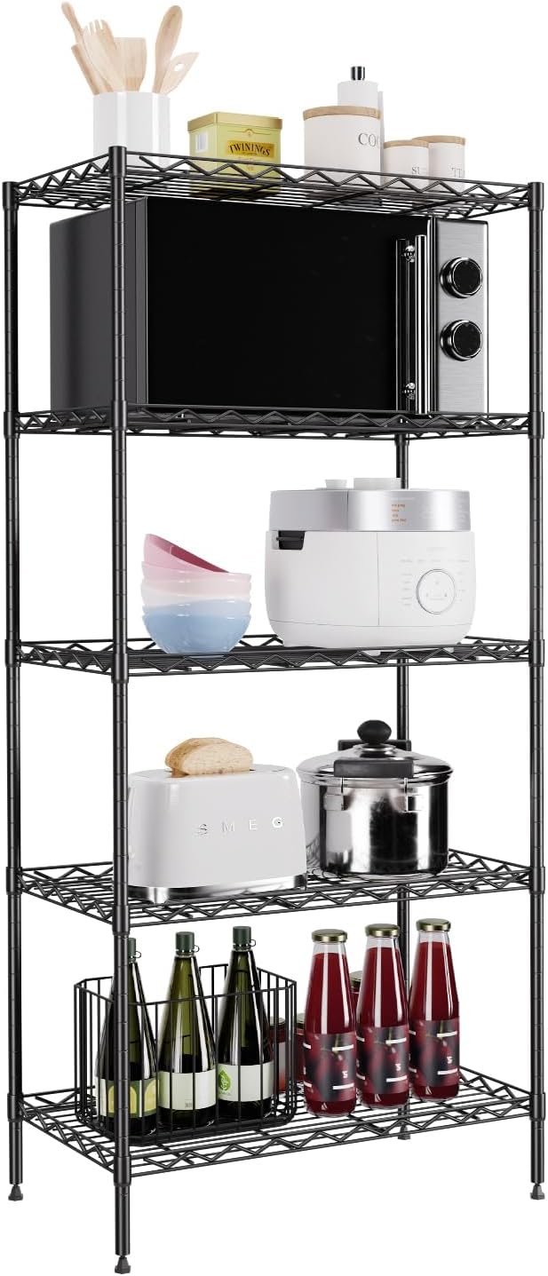 PayLessHere Metal Shelf Shelving Unit Wire Shelving with 5 Tier NSF Certified Closet Shelves Storage Garage Shelves for Home Kitchen Office Warehouse Wire Rack Shelf Standing Shelf Units, Black