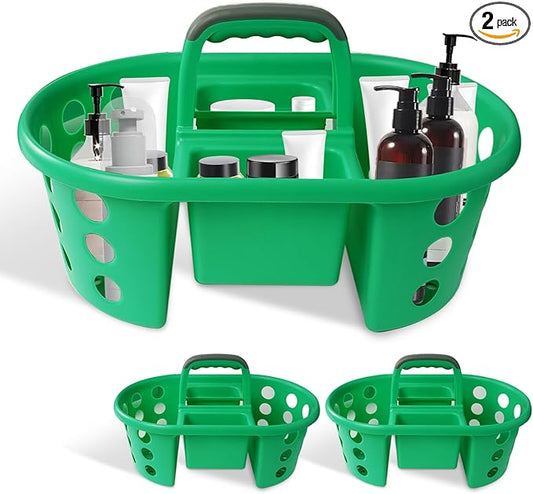 Large Shower Caddy Portable 2PC - Made in USA Plastic Jumbo Size Dorm Storage Candy Tote with Handle Shower Organizer for Bathroom, Pantry, Kitchen, College Dorm, Green