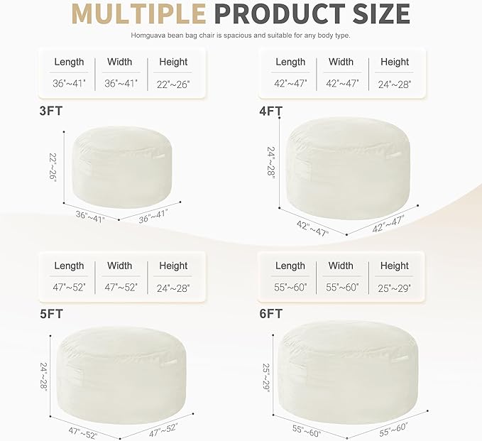 Homguava 3FT Bean Bag Chair: 3' Bean Bags with Memory Foam Filled, Large Beanbag Chairs Soft Sofa with Dutch Velet Cover-Beige