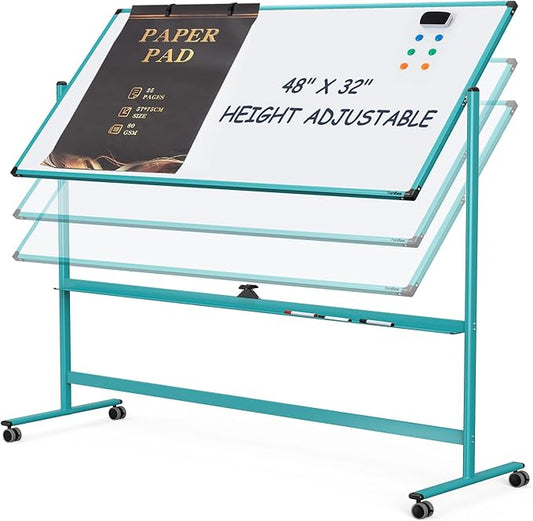 Mobile Whiteboard on Wheels, 48x32 Inches Rolling Whiteboard, Magnetic Dry Erase Board with Stand, Standing White Board for Office, School, Home, Large Double Sided White Board with Paper Pad