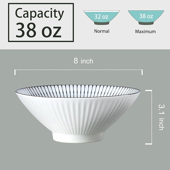 38 oz Japanese Ramen Bowl Set of 6 - Large 8 Inch Ceramic Soup Bowls, Blue and White Japanese Noodle Bowls for Pho, Ramen, and Salad - Striped Patterns