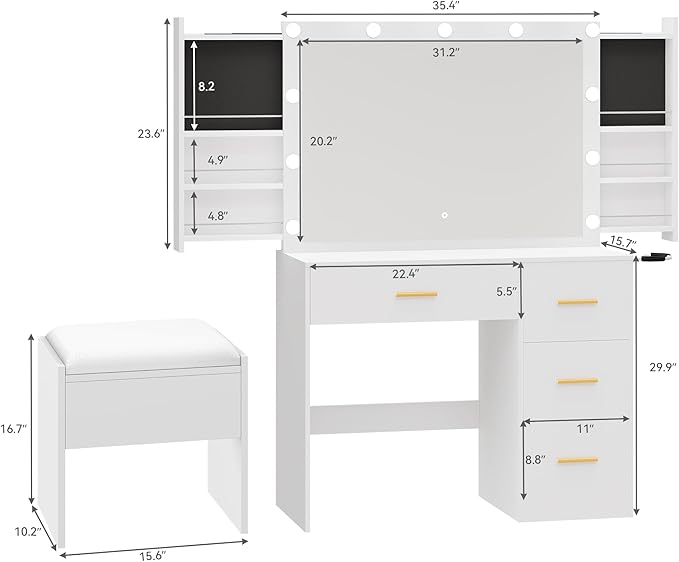 YITAHOME Makeup Vanity Table with Lighted Mirror, Cushioned Stool, 4 Storage Drawers & Hidden Jewelry Organizer, 3-Mode LED Lighting