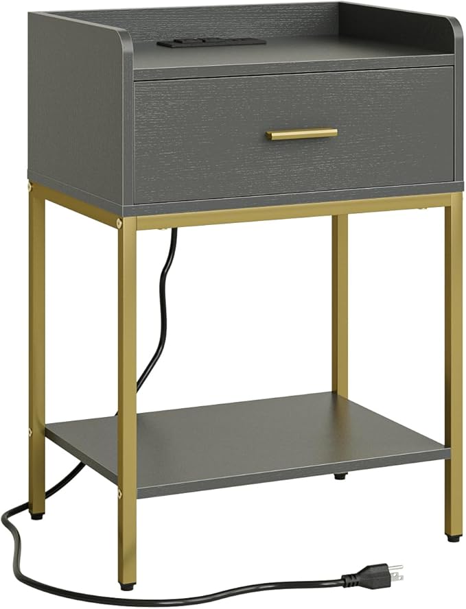 Masupu Nightstand with Charging Station,3-Tier Modern Bedside Night Stand with Storage Drawer and Shelf,Small End Side Table for Bedroom,Living Room,Grey