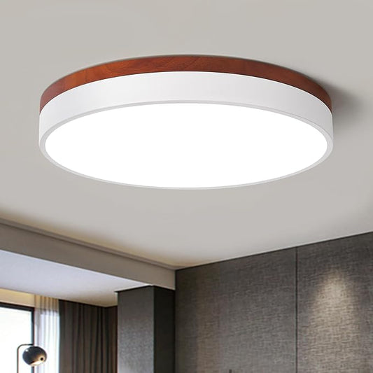LED Dimmable Flush Mount Ceiling Light Fixture, White and Wood, 5CCT in One, Minimalist Round Ceiling Lamp, Modern Lighting for Kitchen, Bedroom, Hallway, Living Room, 15.7 Inch