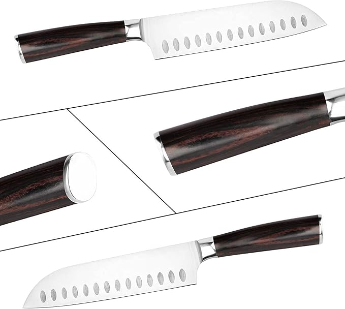 7 Inch Japanese Santoku Knife, Stainless Steel, Ergonomic Pakkawood Handle for Comfort - Sharp Chef Knife for Slicing, Chopping, and Mincing - Perfect for Vegetables, Meat, & Fish