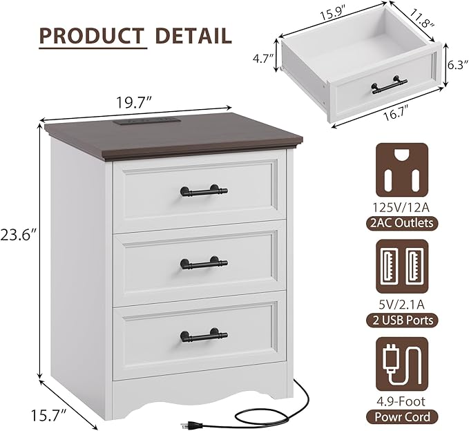 Farmhouse Nightstand with Charging Station, White Wood Bedside Table & End Table with 3 Drawers and Unique Base Design, Side Table Storage Cabinet with Metal Handles for Bedroom, Living Room