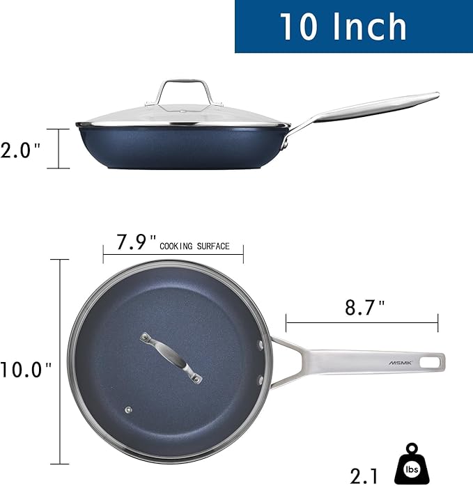 MsMk Frying pans nonstick with lid Blue, 10-inch Durable skillet, Titanium and Diamond Non Stick Non-Toxic Coating From USA, Even Heating, Easy Clean-Up, Comfortable Handle, Induction Compatibility