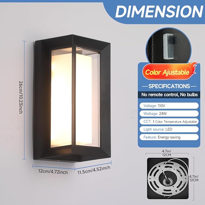 FUPE Outdoor Wall Lights LED 3 Color Outdoor Light Fixture Wall Mount Exterior Lights 2100Lm IP65 Exterior Wall Sconce,Rustproof Sconce with Double Shade,Matte Black Light for Porch 1 Pack