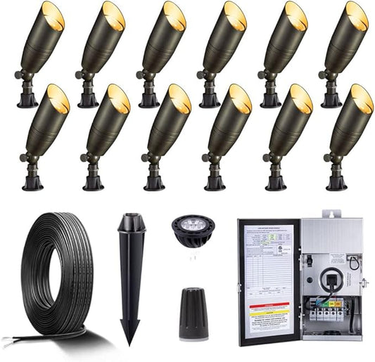 Solid Brass 12V LED Landscape Lighting Kit (12 Pack Spotlights) with 300W Low Voltage Transformer and Mechanical Timer and 250 Feet Wire and 50Pack Connectors for Outdoor Garden Patio
