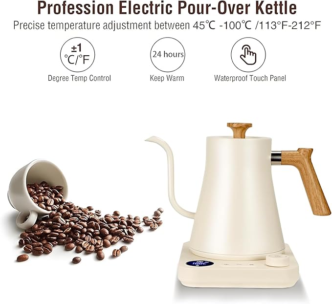 Electric Kettles, Gooseneck Electric Kettle, ±1℉ Temperature Control, Stainless Steel Inner, Quick Heating, for Pour Over Coffee, Brew Tea, Boil Hot Water, 0.9L (White)