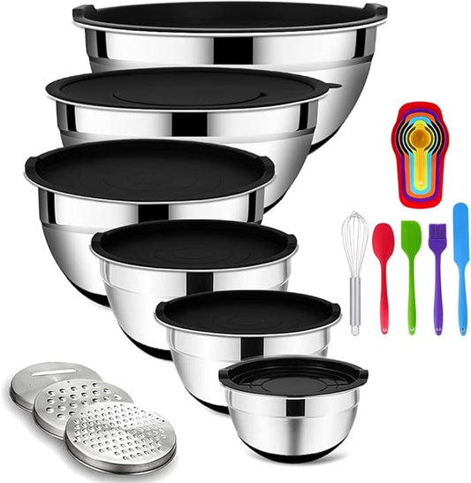 Mixing Bowls Set with Airtight Lids, 20PCS Stainless Steel, Nesting Bowls with 3 Grater Attachments & Non-Slip Bottoms, Size7, 4, 3, 2, 1.5, 1QT Bowls for Baking&Prepping