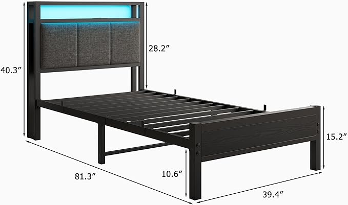 Twin Bed Frame with Charging Station and LED Lights,Upholstered Headboard with Storage Shelves,Heavy Duty Metal Slats, No Box Spring Needed,Noise Free, Easy Assembly,Black and Dark Grey