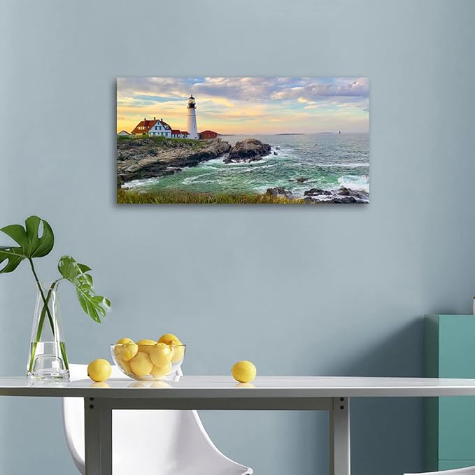 tigeridge Portland Head Light Wall Art Sunset Lighthouse Canvas Wall Art for Living Room Ocean Canvas Pictures Seascape Artwork Canvas Prints Office Home Wall Decor Framed Ready to Hang 20" x 40"