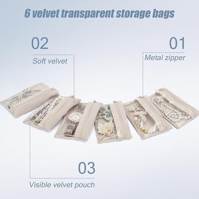 DesignSter Small Jewelry Box, Travel Small Jewelry Organizer with Earring Tray and Ring Holder, Square Travel Jewelry Storage Case with 6 Velvet Jewelry Pouches, Blue Gray