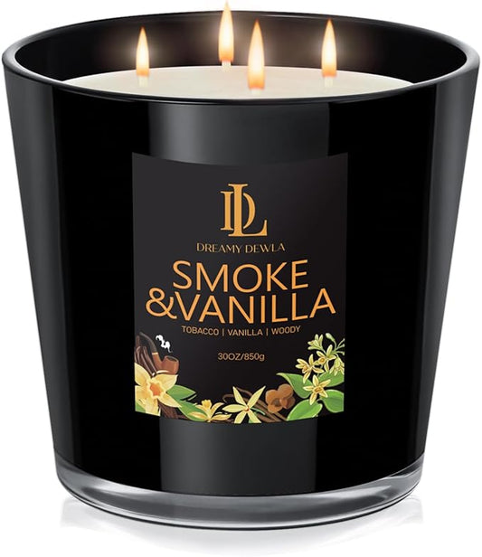 Smoke & Vanilla Scented Candle, Large 30oz Natural Soy Candles, 4-Wick 80 Hour Burn Time, Home Fragrance Candles Housewarming Gift for Women Men