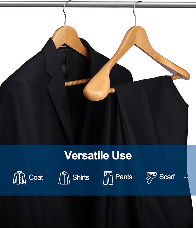 HOUSE DAY Wood Suit Hangers for Men, Smooth Wide Shoulder Wooden Hanger with Non Slip Pant Holder, Wide Hangers for Suits, Coats, Jackets, Heavy Wide Clothes Hanger 2 Pack, Natural