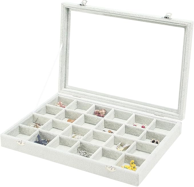 Coward Jewelry Organizer Tray Box, 24 Grids Ring Earring Chain Bracelet Necklace Jewelry Bead Display Holder Tray Case with Transparent Glass Lid for Home Drawer or Shop Selling