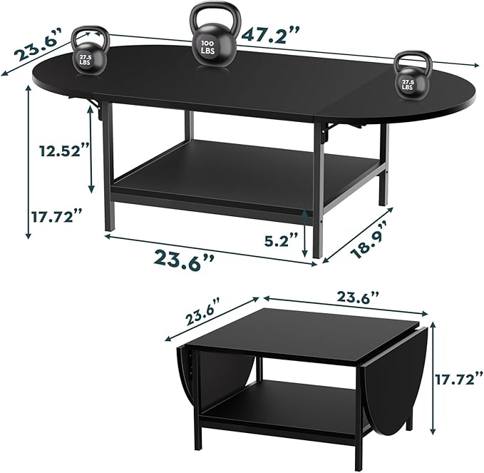 SAYGOER Black Coffee Table Modern Extended Coffee Tables with Storage for Living Room 2-Tier Unique Center Table with Two Folding Panel for Any Large or Small Space,Foldable, All Black