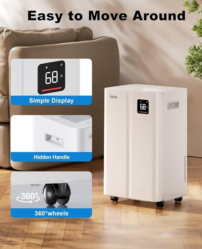 4500 Sq. Ft Dehumidifier for Basement, Lienuis 50 Print Dehumidifiers for Home with Drain Hose, Auto or Manual Drainage, Humidity Control, Dry Clothes Function, 24H Timer,1.06 Gallon Water Tank