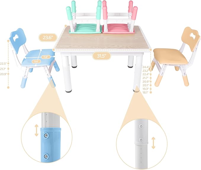 Kids Table and 4 Chairs Set, Height-Adjustable Toddler Table and Chairs with Graffiti Desktop, 31.5''L x 23.6''W Children Activity Table for Daycare, Classroom, Home
