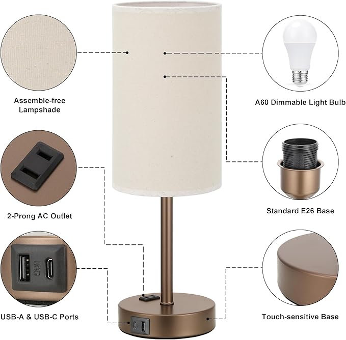Touch Table Lamp - Beige, 3-Way Dimmable, USB A + C Charging, AC Outlet, 17.4inch Medium, Brown Metal Base
