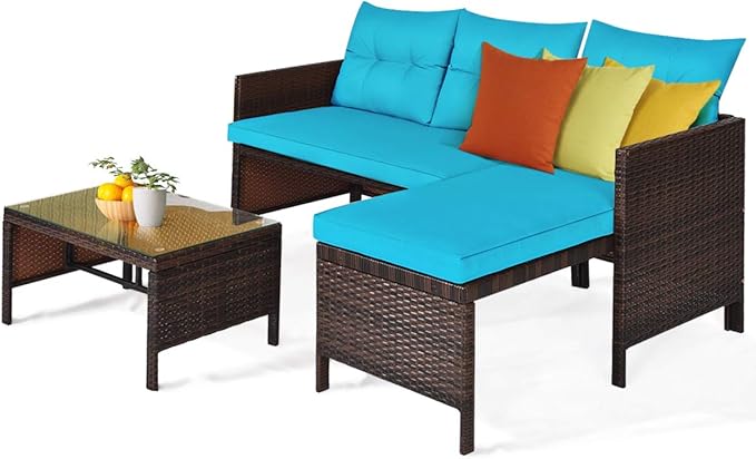 Tangkula Patio Corner Sofa Set 3 Piece, Outdoor Rattan Sofa Set, Includes Lounge Chaise, Loveseat & Coffee Table, Patio Garden Poolside Lawn Backyard Furniture