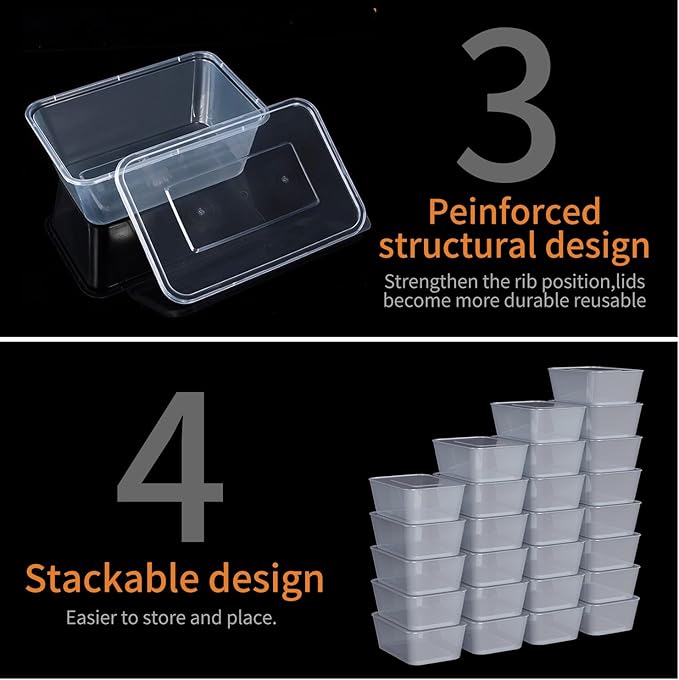 Meal Prep Containers,50 Pack 1 Compartment Food Storage Containers with Lids,Disposable Bento Box Reusable Plastic Lunch Box Kitchen Food Take-Out Box Microwave Dishwasher Freezer Safe(34 oz)